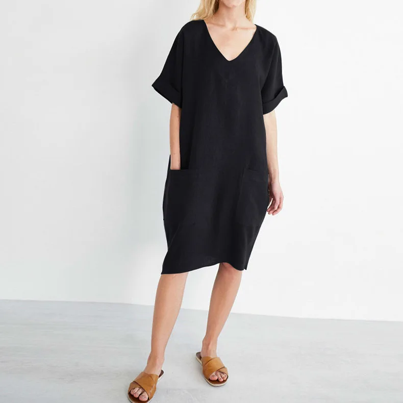 Women Casual Short Sleeve V Neck Cotton Linen Loose Dress Vintage Solid Pockets Oversized Dress Elegant Beach Holiday Mini Dress