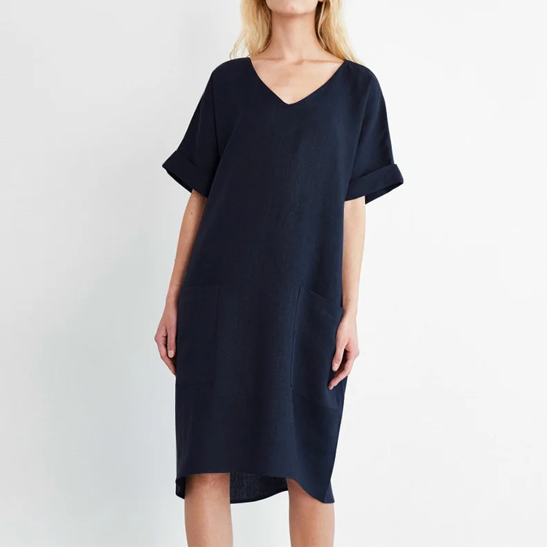 Women Casual Short Sleeve V Neck Cotton Linen Loose Dress Vintage Solid Pockets Oversized Dress Elegant Beach Holiday Mini Dress