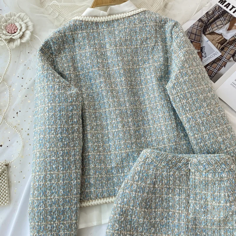 2026 Autumn 2 Pieces Set Elegant Fashion Vintage Plaid Tweed Long Sleeve Jackets Coat + Irregular A-Line Mini Skirts Femame Suit