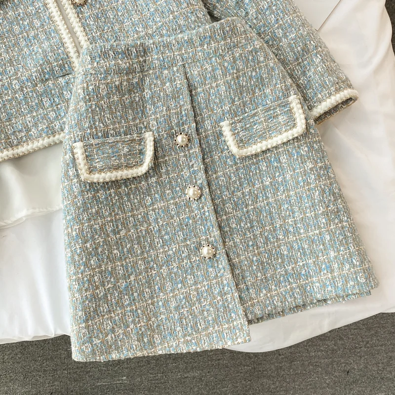 2026 Autumn 2 Pieces Set Elegant Fashion Vintage Plaid Tweed Long Sleeve Jackets Coat + Irregular A-Line Mini Skirts Femame Suit
