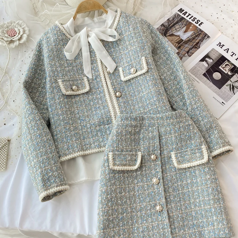2026 Autumn 2 Pieces Set Elegant Fashion Vintage Plaid Tweed Long Sleeve Jackets Coat + Irregular A-Line Mini Skirts Femame Suit
