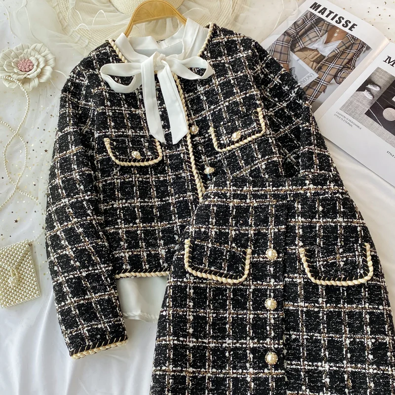 2026 Autumn 2 Pieces Set Elegant Fashion Vintage Plaid Tweed Long Sleeve Jackets Coat + Irregular A-Line Mini Skirts Femame Suit