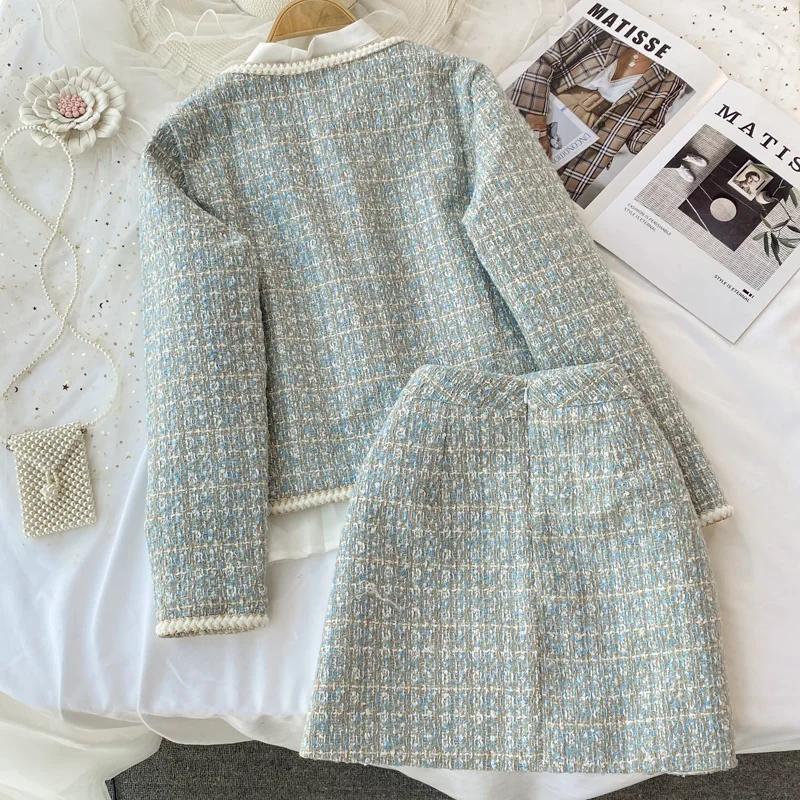 2026 Autumn 2 Pieces Set Elegant Fashion Vintage Plaid Tweed Long Sleeve Jackets Coat + Irregular A-Line Mini Skirts Femame Suit