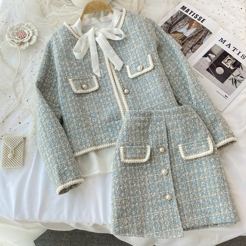 2026 Autumn 2 Pieces Set Elegant Fashion Vintage Plaid Tweed Long Sleeve Jackets Coat + Irregular A-Line Mini Skirts Femame Suit