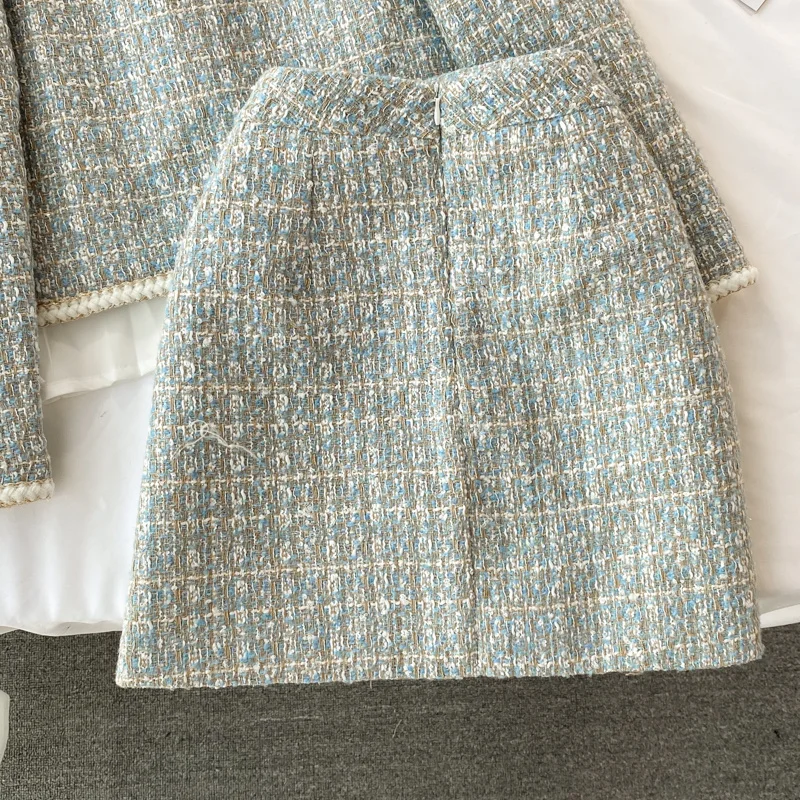 2026 Autumn 2 Pieces Set Elegant Fashion Vintage Plaid Tweed Long Sleeve Jackets Coat + Irregular A-Line Mini Skirts Femame Suit