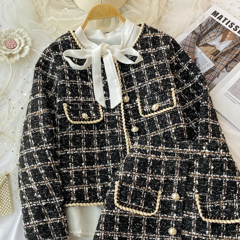 2026 Autumn 2 Pieces Set Elegant Fashion Vintage Plaid Tweed Long Sleeve Jackets Coat + Irregular A-Line Mini Skirts Femame Suit