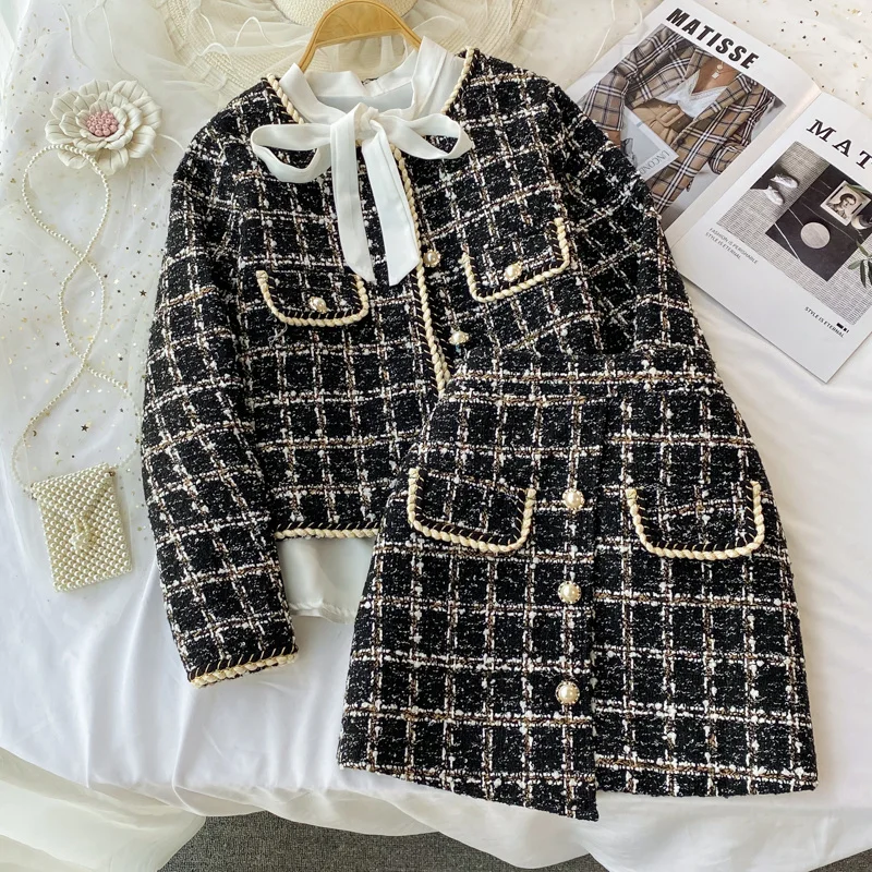 2026 Autumn 2 Pieces Set Elegant Fashion Vintage Plaid Tweed Long Sleeve Jackets Coat + Irregular A-Line Mini Skirts Femame Suit