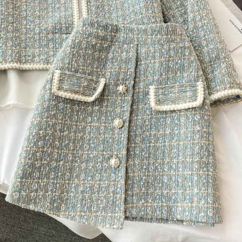 2026 Autumn 2 Pieces Set Elegant Fashion Vintage Plaid Tweed Long Sleeve Jackets Coat + Irregular A-Line Mini Skirts Femame Suit