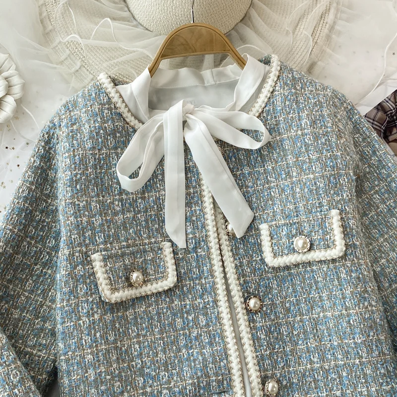 2026 Autumn 2 Pieces Set Elegant Fashion Vintage Plaid Tweed Long Sleeve Jackets Coat + Irregular A-Line Mini Skirts Femame Suit