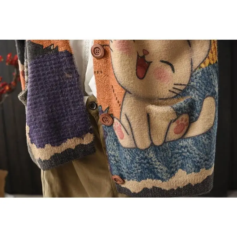 Amax LuluE 2026 Winter Ladies Harajuku Cartoon Knitwear Womens Fashion Printed Patchwork Leisure Sweaters Loose Punk Cardigans
