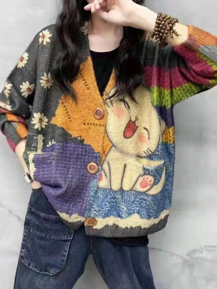 Amax LuluE 2026 Winter Ladies Harajuku Cartoon Knitwear Womens Fashion Printed Patchwork Leisure Sweaters Loose Punk Cardigans