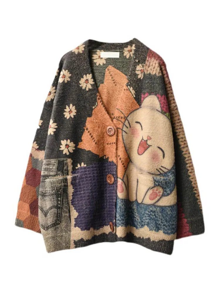 Amax LuluE 2026 Winter Ladies Harajuku Cartoon Knitwear Womens Fashion Printed Patchwork Leisure Sweaters Loose Punk Cardigans