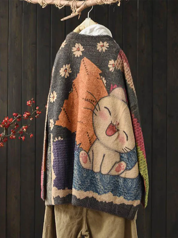 Amax LuluE 2026 Winter Ladies Harajuku Cartoon Knitwear Womens Fashion Printed Patchwork Leisure Sweaters Loose Punk Cardigans