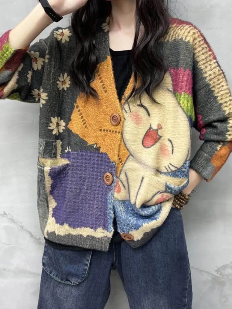 Amax LuluE 2026 Winter Ladies Harajuku Cartoon Knitwear Womens Fashion Printed Patchwork Leisure Sweaters Loose Punk Cardigans
