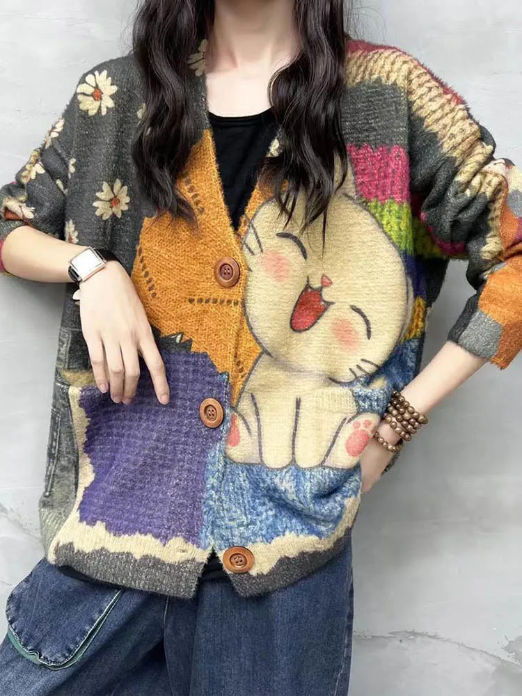 Amax LuluE 2026 Winter Ladies Harajuku Cartoon Knitwear Womens Fashion Printed Patchwork Leisure Sweaters Loose Punk Cardigans