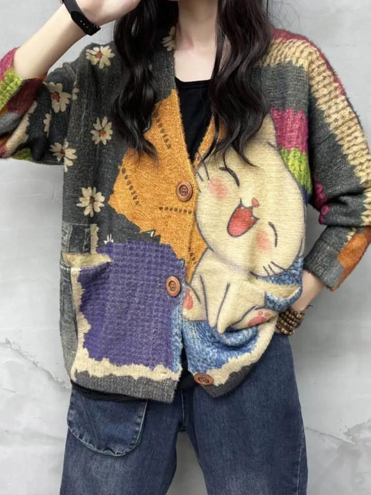 Amax LuluE 2026 Winter Ladies Harajuku Cartoon Knitwear Womens Fashion Printed Patchwork Leisure Sweaters Loose Punk Cardigans