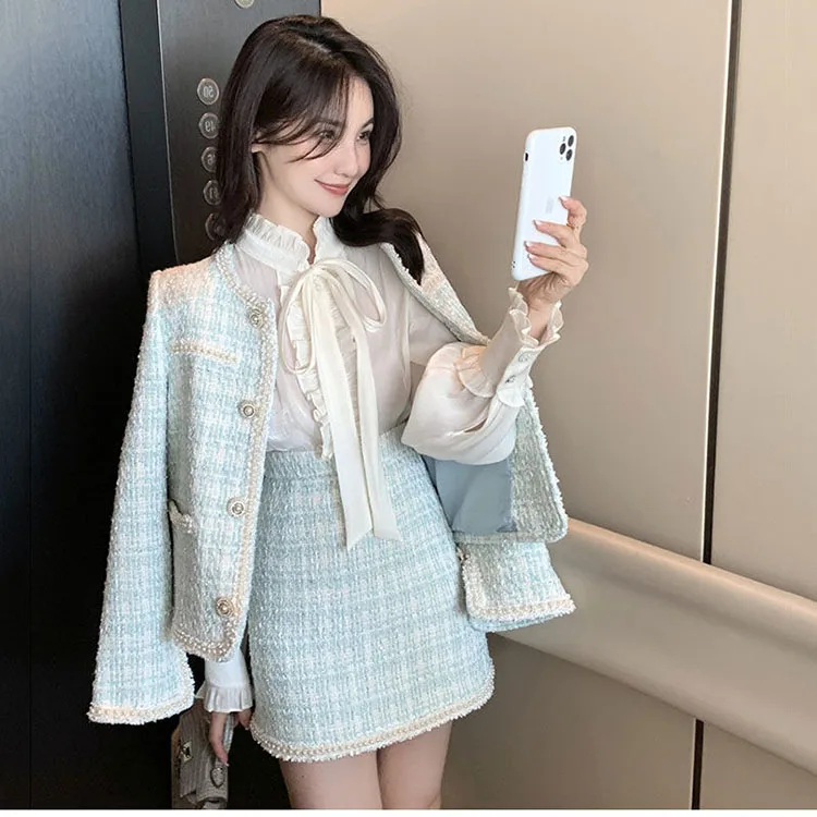 French Autumn Winter Lady Small Fragrance Wind Set 2025 New All-match Tweed Jacket Female Temperament Short Skirt Two-piece Suit