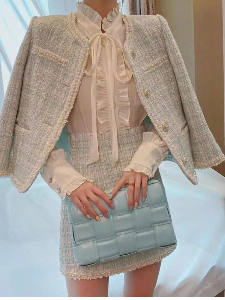 French Autumn Winter Lady Small Fragrance Wind Set 2025 New All-match Tweed Jacket Female Temperament Short Skirt Two-piece Suit