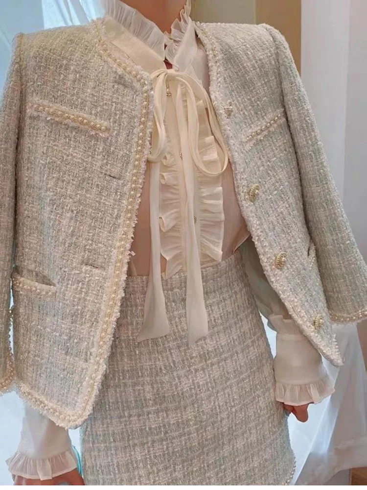 French Autumn Winter Lady Small Fragrance Wind Set 2025 New All-match Tweed Jacket Female Temperament Short Skirt Two-piece Suit
