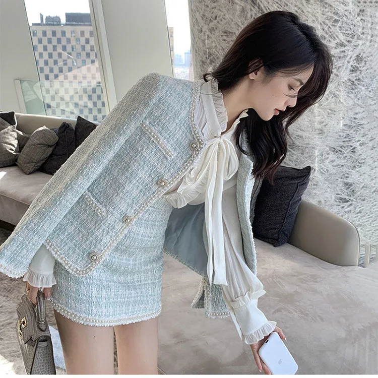 French Autumn Winter Lady Small Fragrance Wind Set 2025 New All-match Tweed Jacket Female Temperament Short Skirt Two-piece Suit