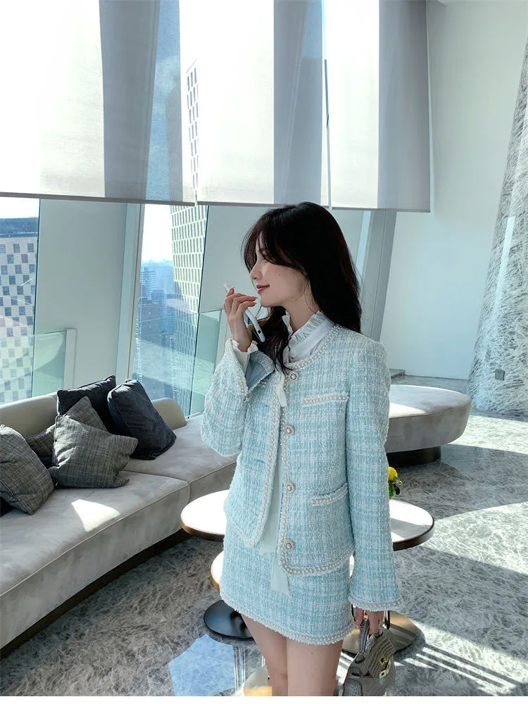 French Autumn Winter Lady Small Fragrance Wind Set 2025 New All-match Tweed Jacket Female Temperament Short Skirt Two-piece Suit