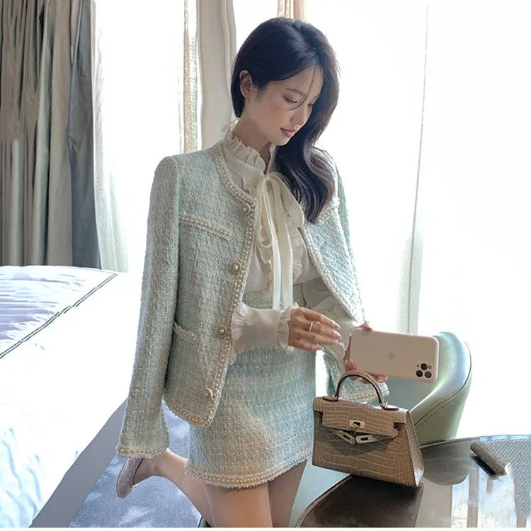 French Autumn Winter Lady Small Fragrance Wind Set 2025 New All-match Tweed Jacket Female Temperament Short Skirt Two-piece Suit