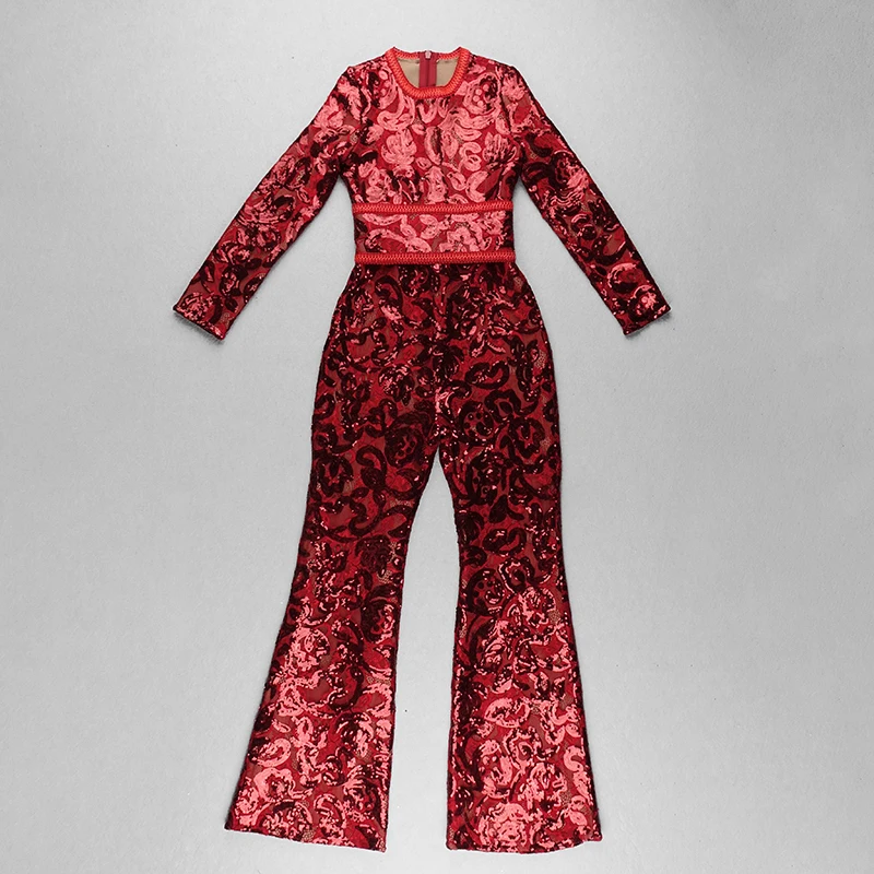 2021 Spring New Jumpsuits Hot Sale Sexy Lace Hollow Out Rompers Red Flame Pants Women's Fashion Club Street Wear