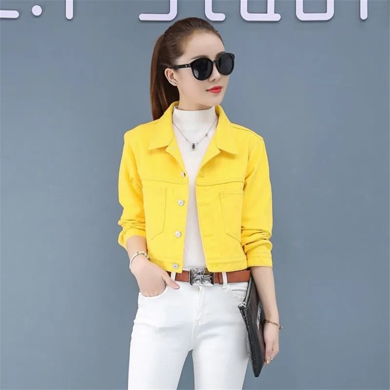 Jeans Jacket and Coats for Women 2021 Autumn Casual Short Denim Jacket Pink Yellow Pockets Lady Denim Coat Outerwear Clothes