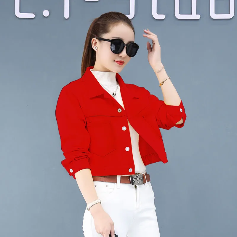 Jeans Jacket and Coats for Women 2021 Autumn Casual Short Denim Jacket Pink Yellow Pockets Lady Denim Coat Outerwear Clothes