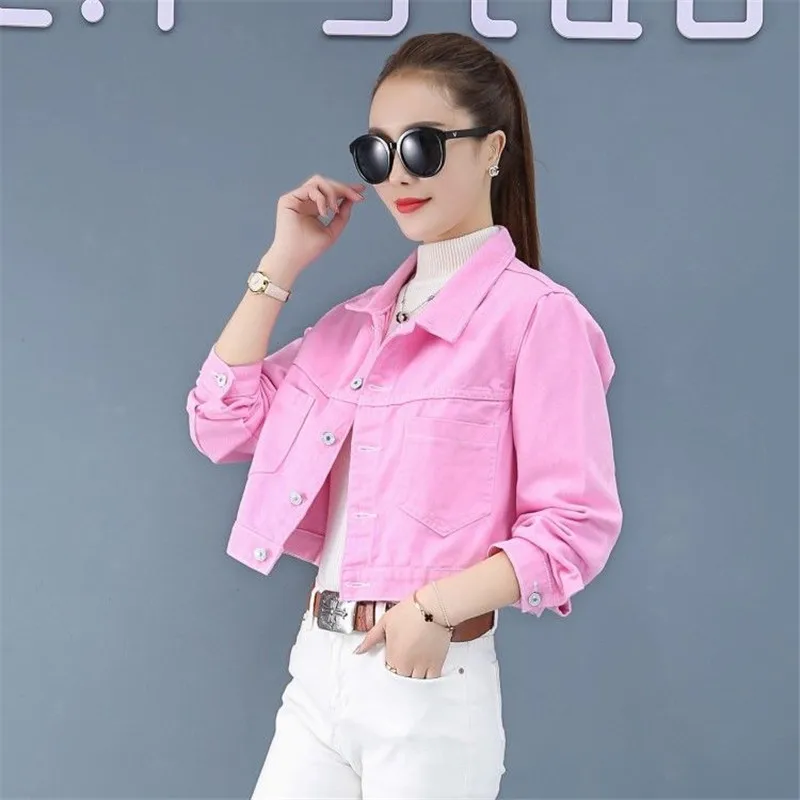 Jeans Jacket and Coats for Women 2021 Autumn Casual Short Denim Jacket Pink Yellow Pockets Lady Denim Coat Outerwear Clothes