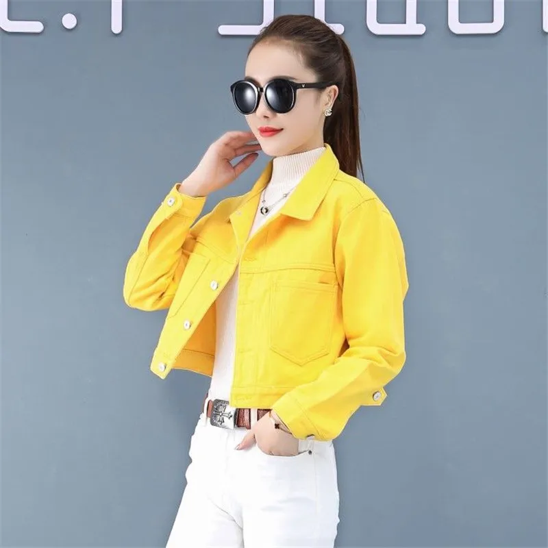 Jeans Jacket and Coats for Women 2021 Autumn Casual Short Denim Jacket Pink Yellow Pockets Lady Denim Coat Outerwear Clothes
