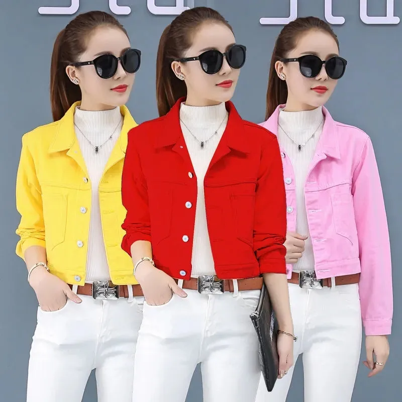 Jeans Jacket and Coats for Women 2021 Autumn Casual Short Denim Jacket Pink Yellow Pockets Lady Denim Coat Outerwear Clothes
