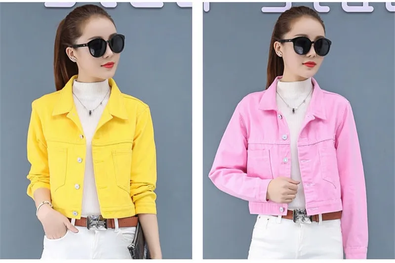 Jeans Jacket and Coats for Women 2021 Autumn Casual Short Denim Jacket Pink Yellow Pockets Lady Denim Coat Outerwear Clothes