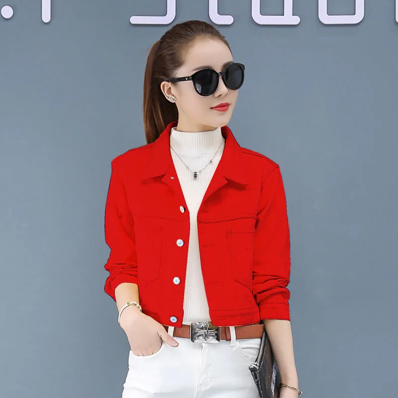 Jeans Jacket and Coats for Women 2021 Autumn Casual Short Denim Jacket Pink Yellow Pockets Lady Denim Coat Outerwear Clothes