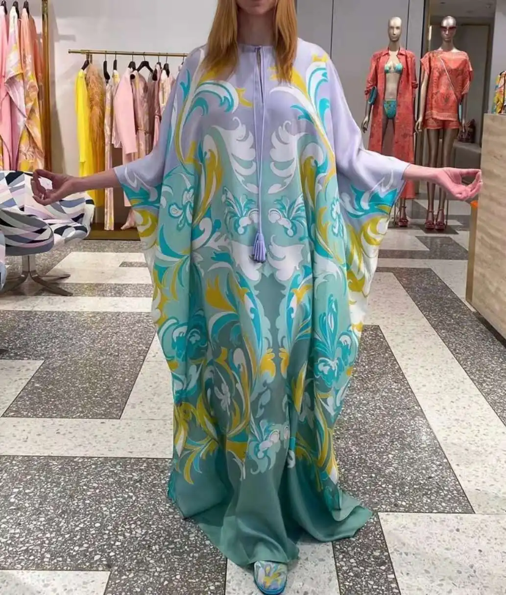 Luxury Designer Women's Silk Kaftan Dress Oversize Long Maxi Printed Evening Gown, Runway Fashion High Quality Beach Party
