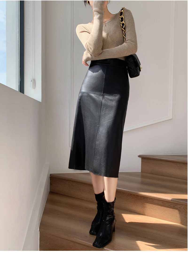 2025 New Genuine Leather Skirt for Women Vegetable Tanned Sheepskin Wrap Long Faldas Mujer Mid Length Front Slit Mid-Calf