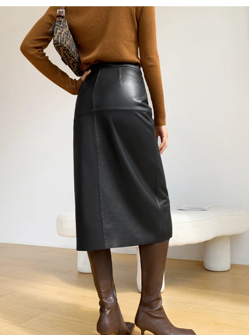 2025 New Genuine Leather Skirt for Women Vegetable Tanned Sheepskin Wrap Long Faldas Mujer Mid Length Front Slit Mid-Calf
