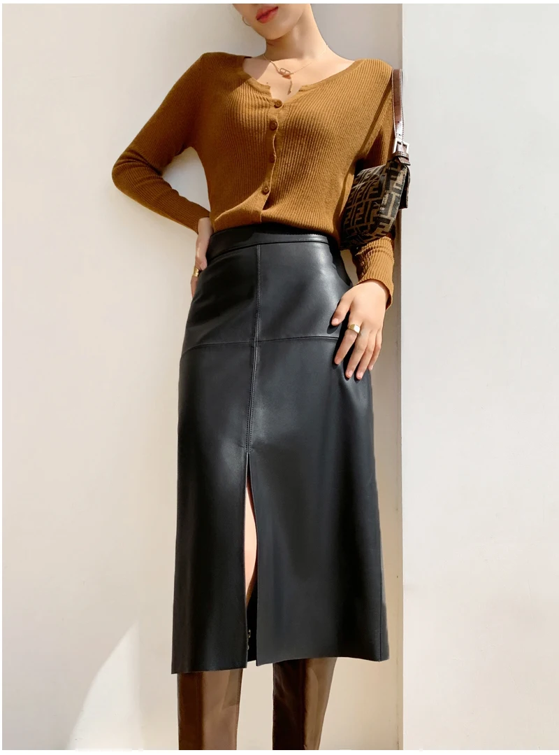 2025 New Genuine Leather Skirt for Women Vegetable Tanned Sheepskin Wrap Long Faldas Mujer Mid Length Front Slit Mid-Calf
