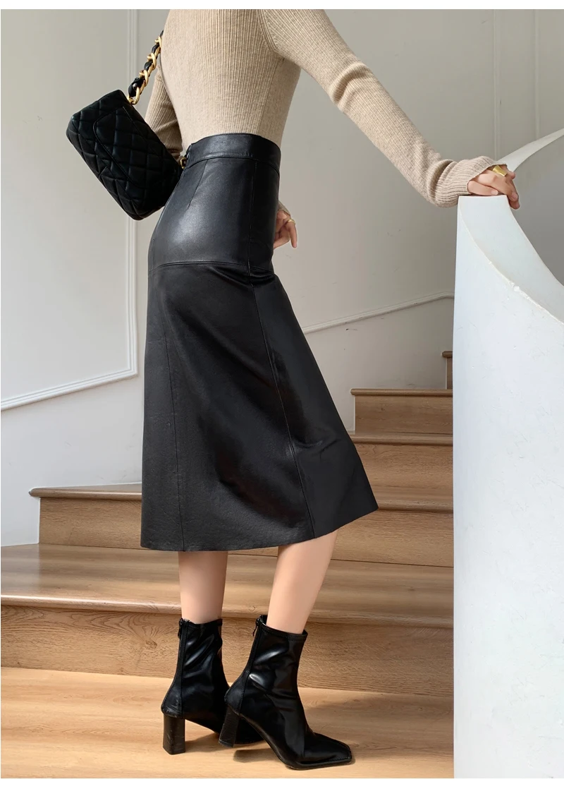 2025 New Genuine Leather Skirt for Women Vegetable Tanned Sheepskin Wrap Long Faldas Mujer Mid Length Front Slit Mid-Calf