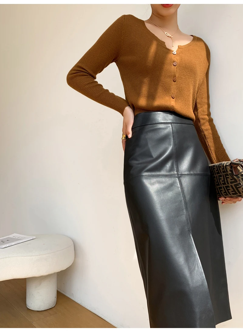 2025 New Genuine Leather Skirt for Women Vegetable Tanned Sheepskin Wrap Long Faldas Mujer Mid Length Front Slit Mid-Calf