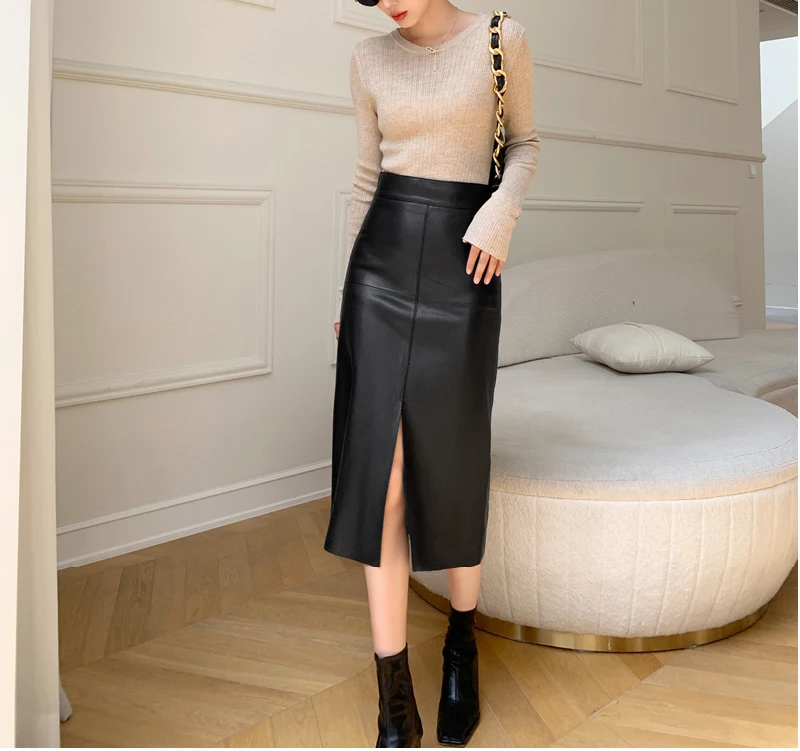 2025 New Genuine Leather Skirt for Women Vegetable Tanned Sheepskin Wrap Long Faldas Mujer Mid Length Front Slit Mid-Calf