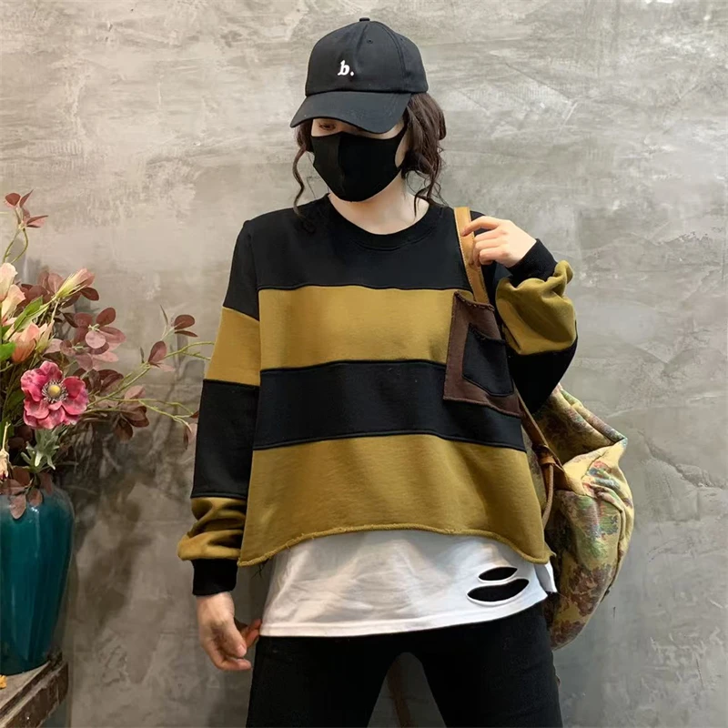 Amax LuluE Womens Loose Leisure O-Neck Design Hoodies Spring British Style Vintage Patchwork Sweatshirts Striped Street Clothes