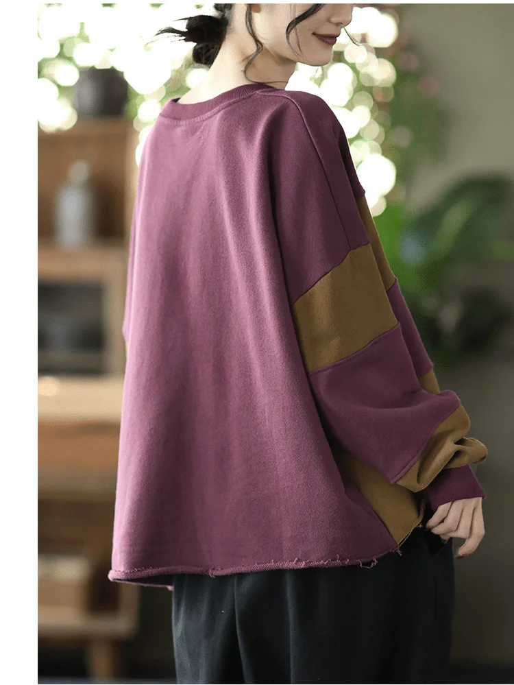 Amax LuluE Womens Loose Leisure O-Neck Design Hoodies Spring British Style Vintage Patchwork Sweatshirts Striped Street Clothes