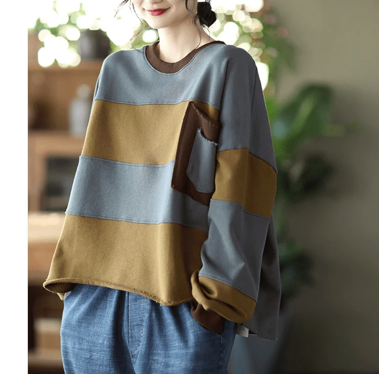 Amax LuluE Womens Loose Leisure O-Neck Design Hoodies Spring British Style Vintage Patchwork Sweatshirts Striped Street Clothes