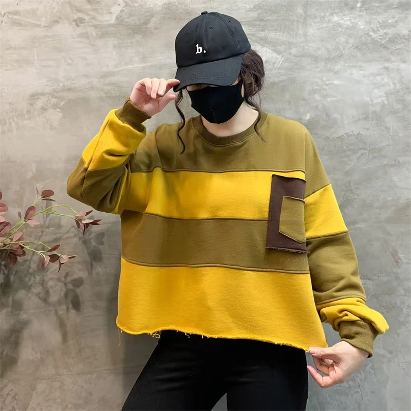 Amax LuluE Womens Loose Leisure O-Neck Design Hoodies Spring British Style Vintage Patchwork Sweatshirts Striped Street Clothes