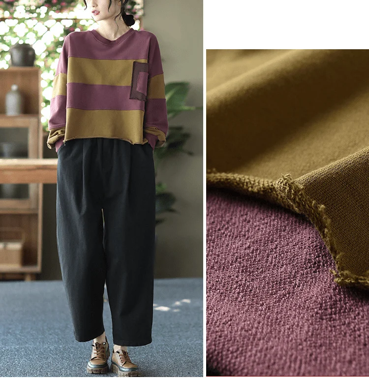 Amax LuluE Womens Loose Leisure O-Neck Design Hoodies Spring British Style Vintage Patchwork Sweatshirts Striped Street Clothes