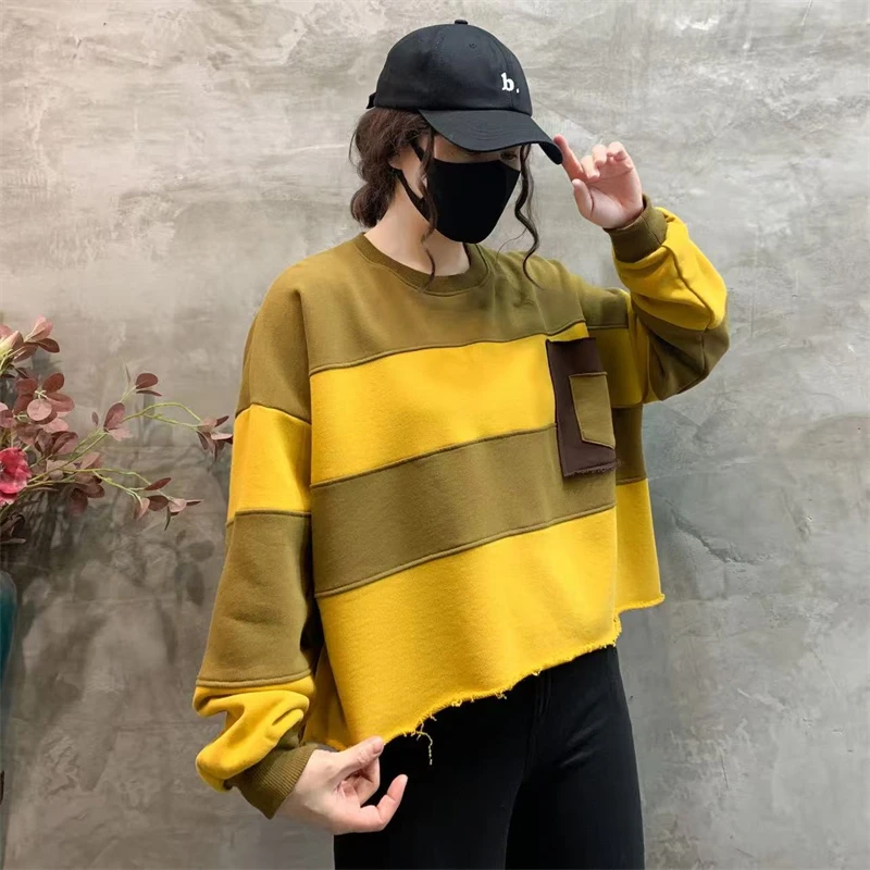 Amax LuluE Womens Loose Leisure O-Neck Design Hoodies Spring British Style Vintage Patchwork Sweatshirts Striped Street Clothes