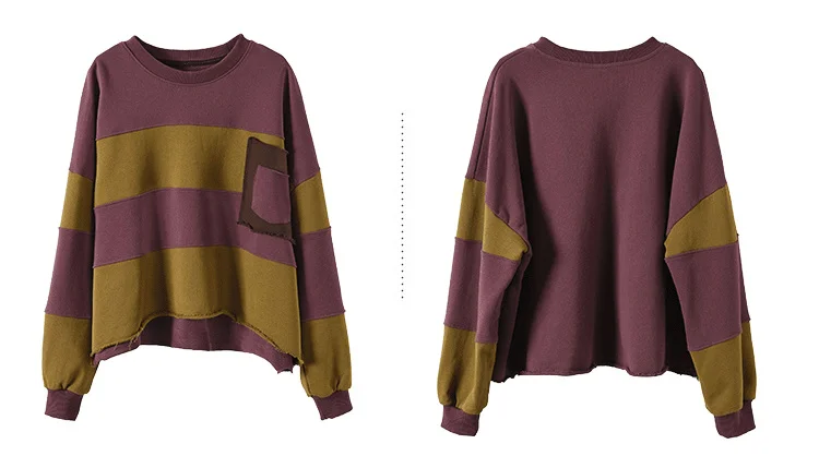 Amax LuluE Womens Loose Leisure O-Neck Design Hoodies Spring British Style Vintage Patchwork Sweatshirts Striped Street Clothes