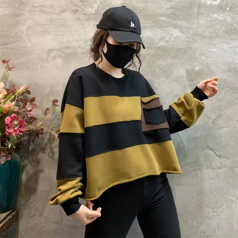 Amax LuluE Womens Loose Leisure O-Neck Design Hoodies Spring British Style Vintage Patchwork Sweatshirts Striped Street Clothes
