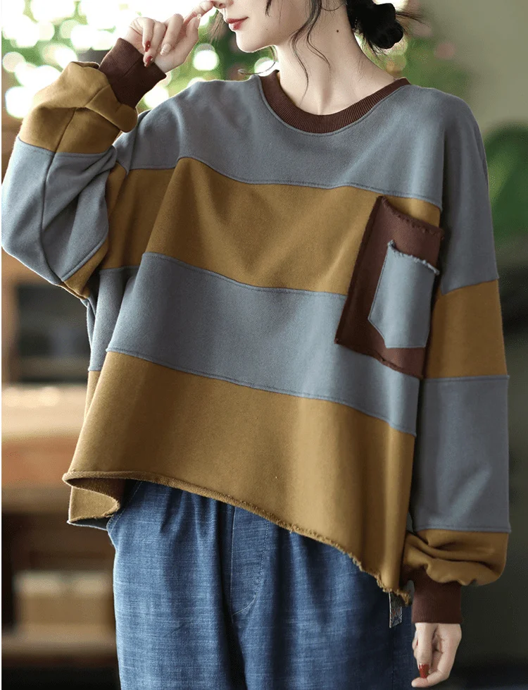 Amax LuluE Womens Loose Leisure O-Neck Design Hoodies Spring British Style Vintage Patchwork Sweatshirts Striped Street Clothes